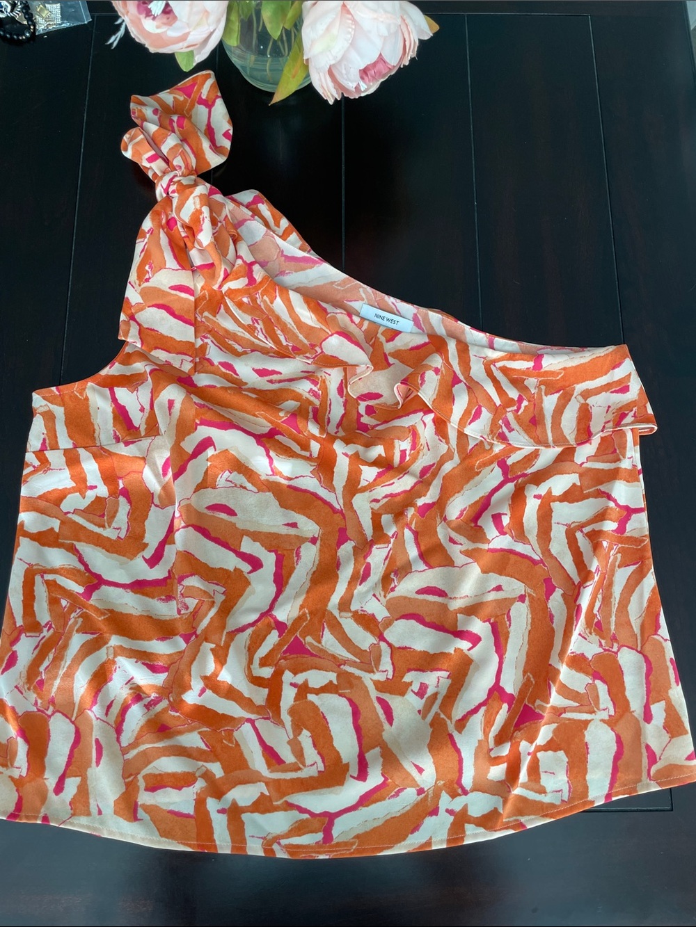 Nine West One-Shoulder Blouse with Bow - Orange, Pink and Cream
